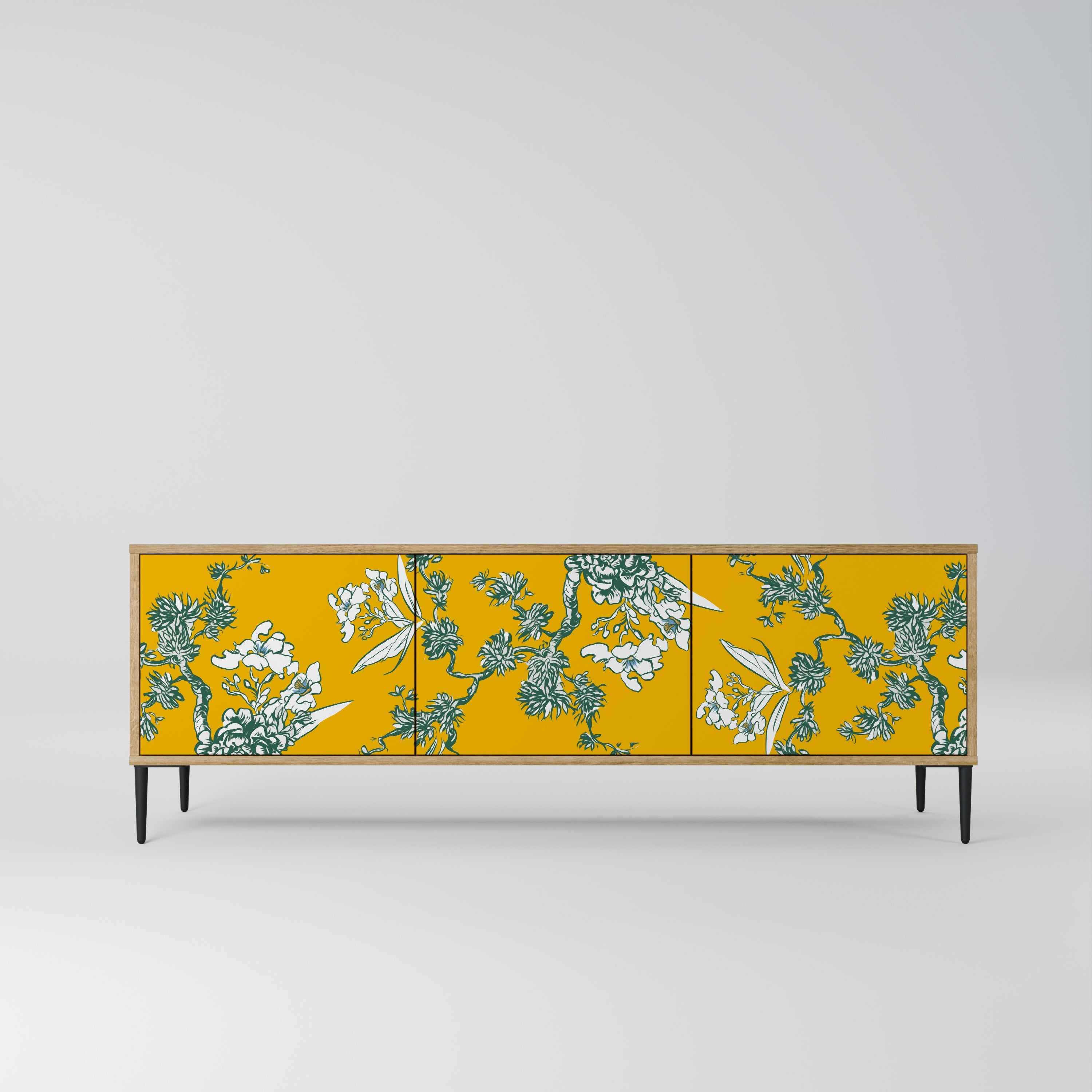 GULT CHINOISERIE TV-bänk med 3 dörrar i ekeffekt