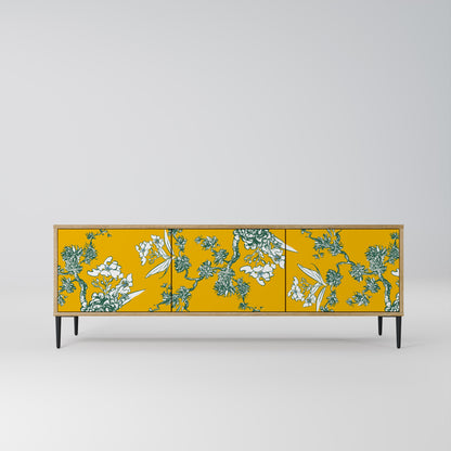 GULT CHINOISERIE TV-bänk med 3 dörrar i ekeffekt