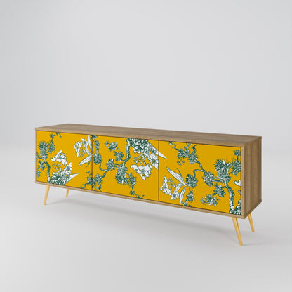 GULT CHINOISERIE TV-bänk med 3 dörrar i ekeffekt