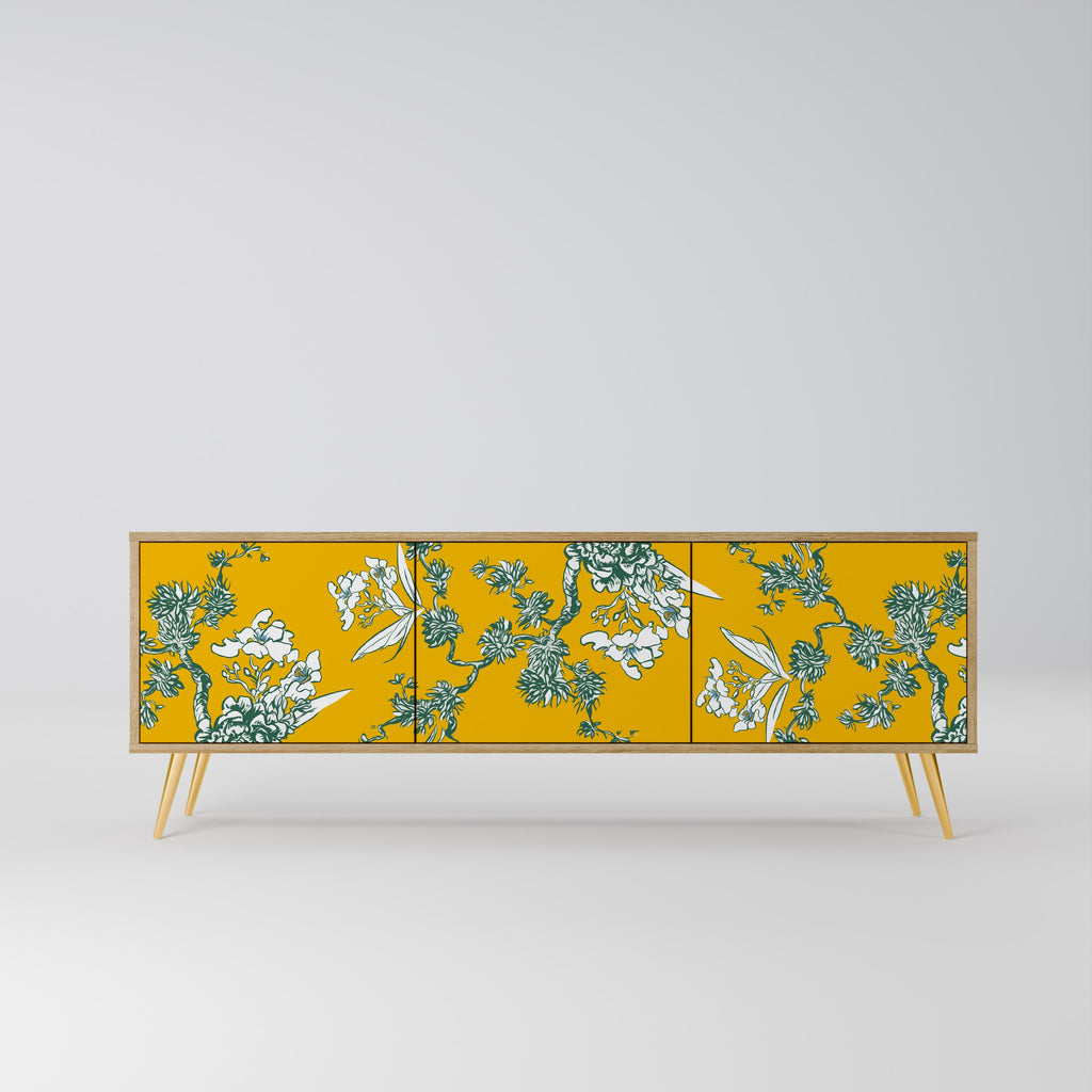 GULT CHINOISERIE TV-bänk med 3 dörrar i ekeffekt