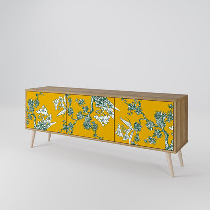 GULT CHINOISERIE TV-bänk med 3 dörrar i ekeffekt