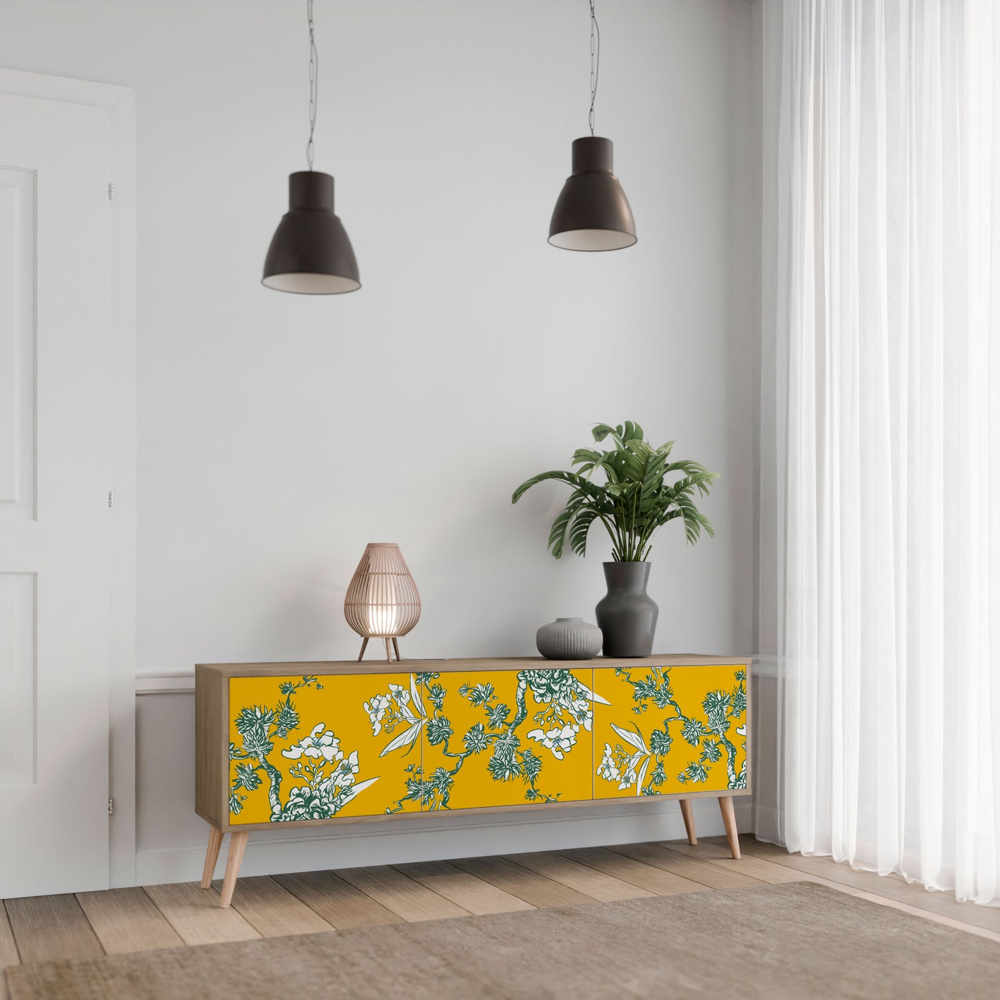 GULT CHINOISERIE TV-bänk med 3 dörrar i ekeffekt