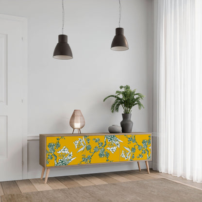 GULT CHINOISERIE TV-bänk med 3 dörrar i ekeffekt