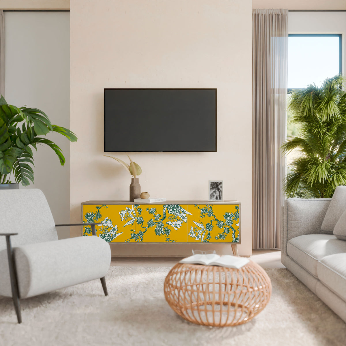 YELLOW CHINOISERIE TV-bänk med 3 dörrar