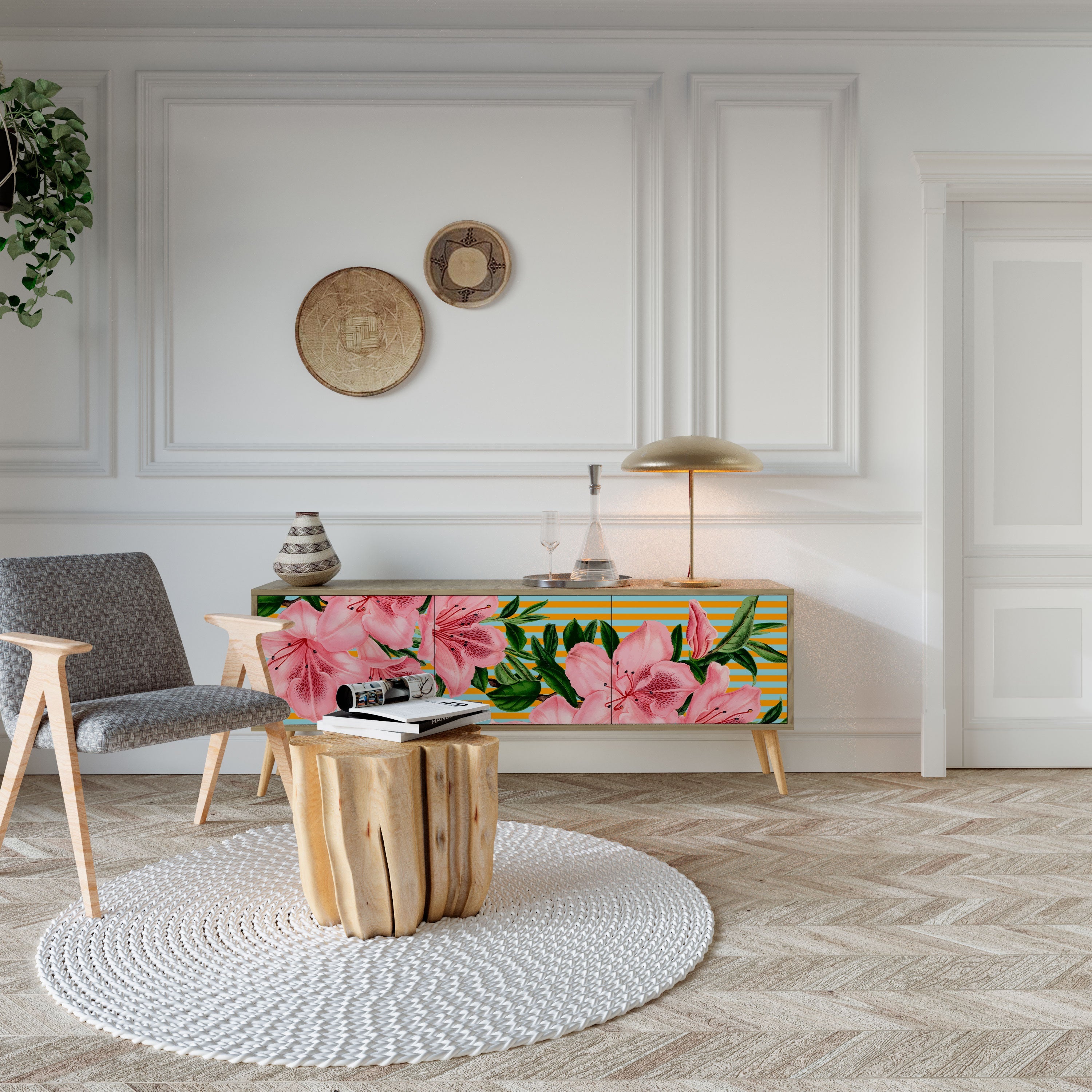FRAGILE BEAUTY TV-bänk med 3 dörrar i ekeffekt