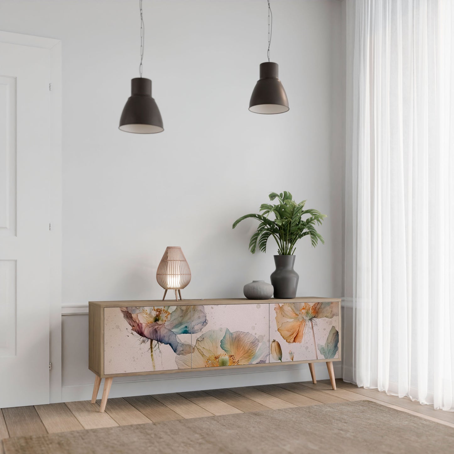 SOFTEN POPPY TV-bänk med 3 dörrar i ekeffekt