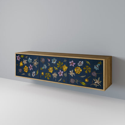 BLOMMOR PÅ MARINBLÅTT TV-BÄNK med 3 dörrar i ekeffekt
