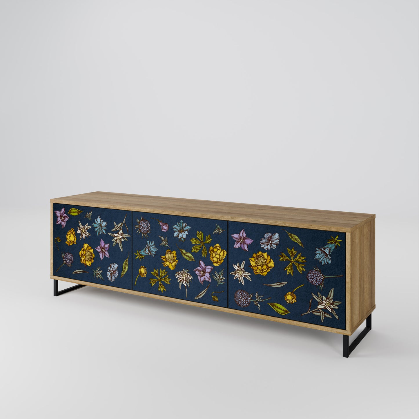 BLOMMOR PÅ MARINBLÅTT TV-BÄNK med 3 dörrar i ekeffekt