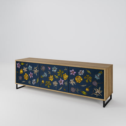 BLOMMOR PÅ MARINBLÅTT TV-BÄNK med 3 dörrar i ekeffekt