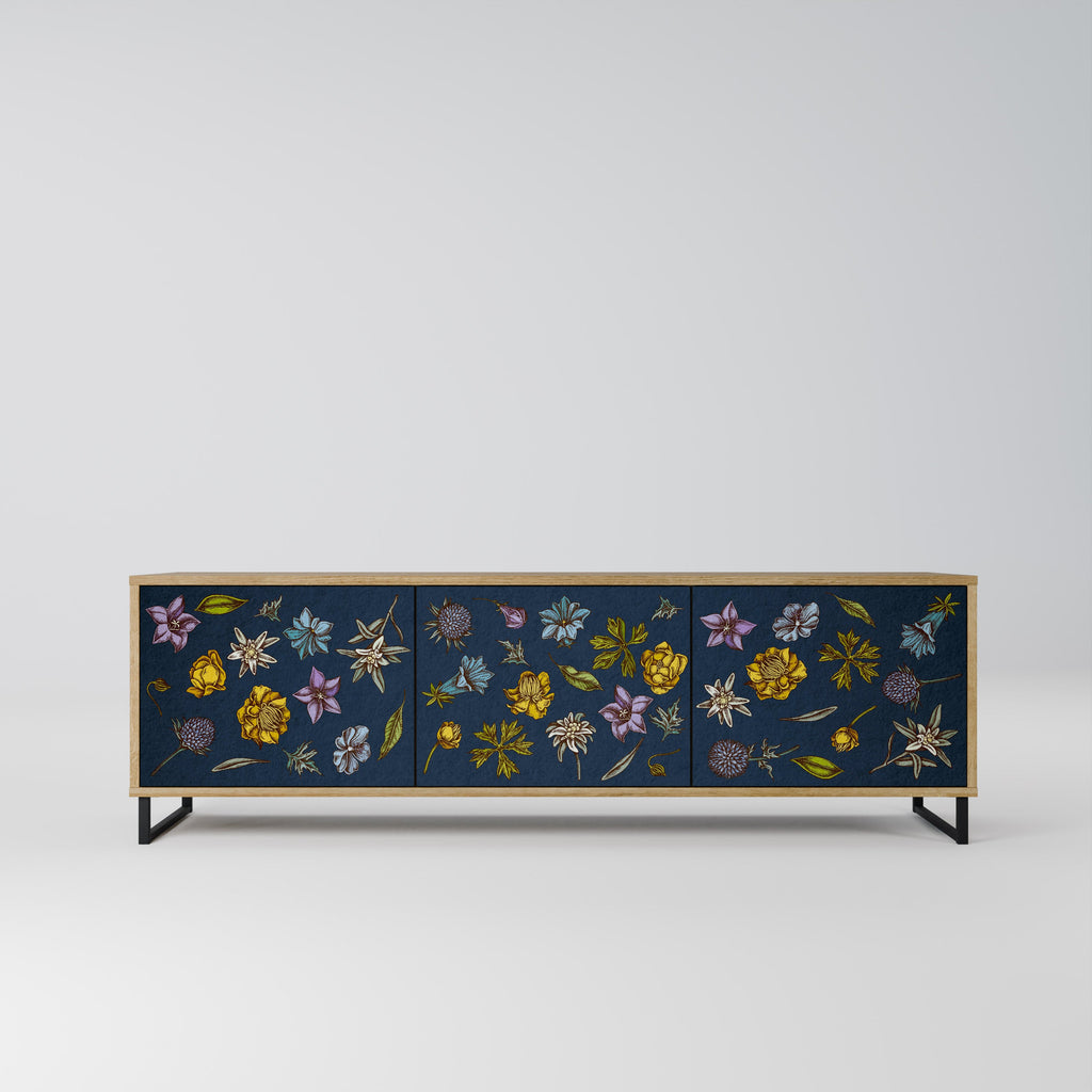 BLOMMOR PÅ MARINBLÅTT TV-BÄNK med 3 dörrar i ekeffekt