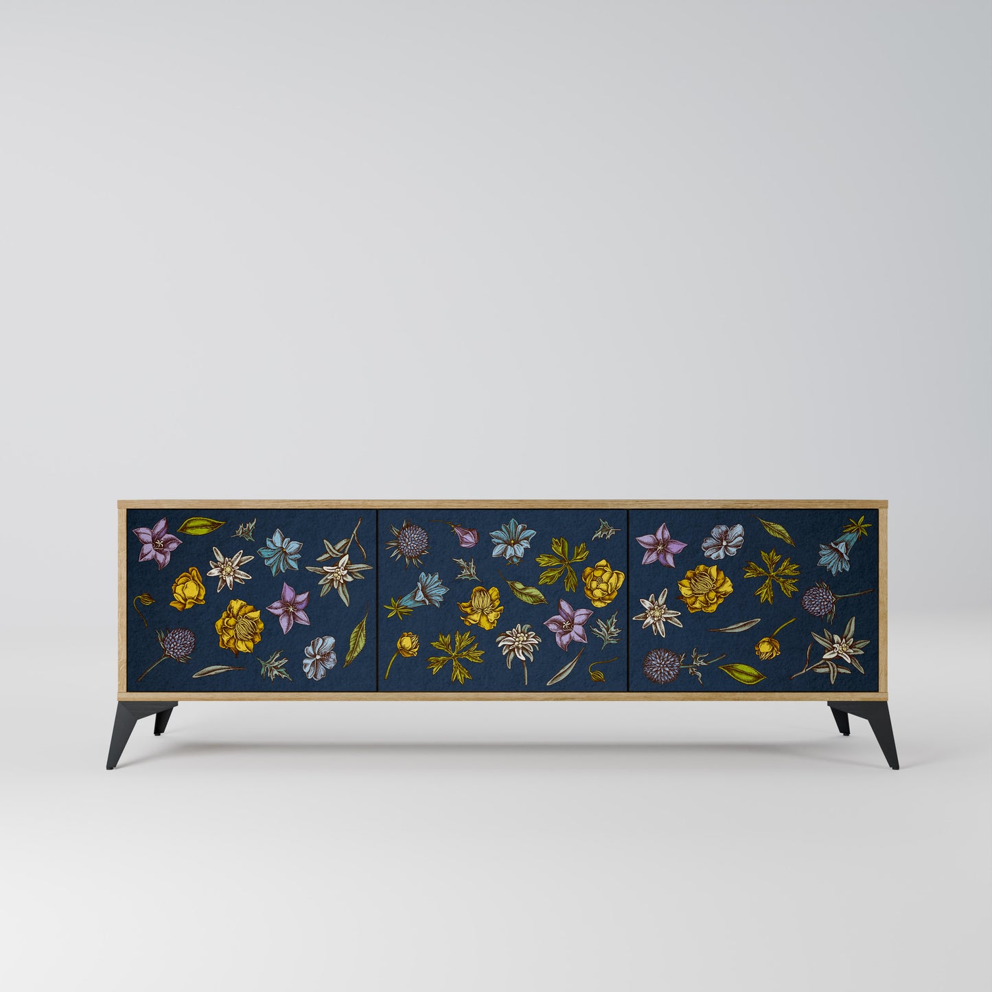 BLOMMOR PÅ MARINBLÅTT TV-BÄNK med 3 dörrar i ekeffekt