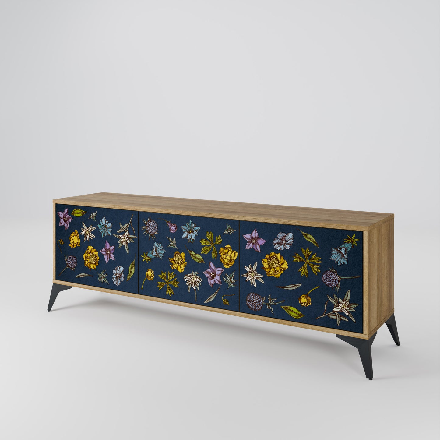 BLOMMOR PÅ MARINBLÅTT TV-BÄNK med 3 dörrar i ekeffekt