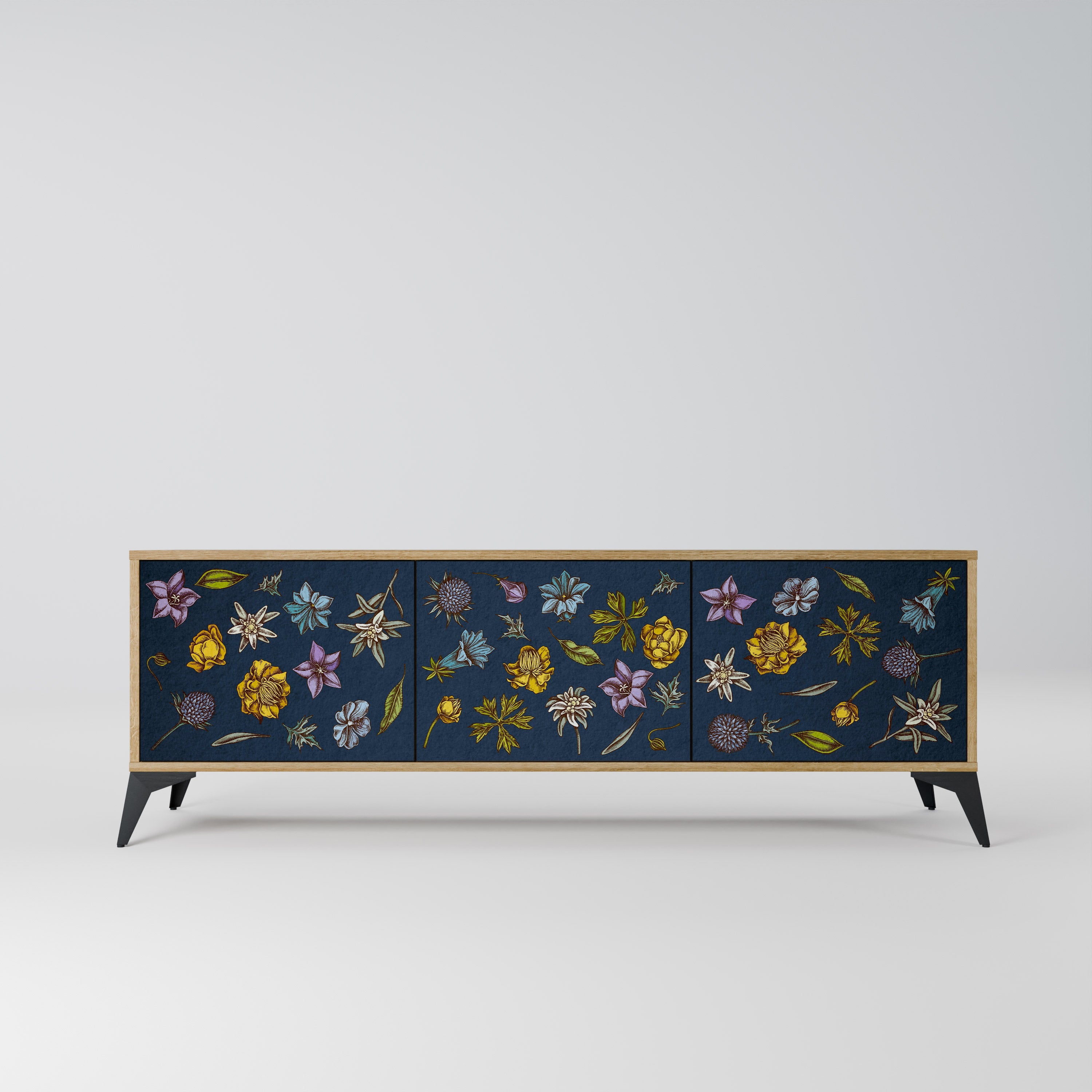 BLOMMOR PÅ MARINBLÅTT TV-BÄNK med 3 dörrar i ekeffekt