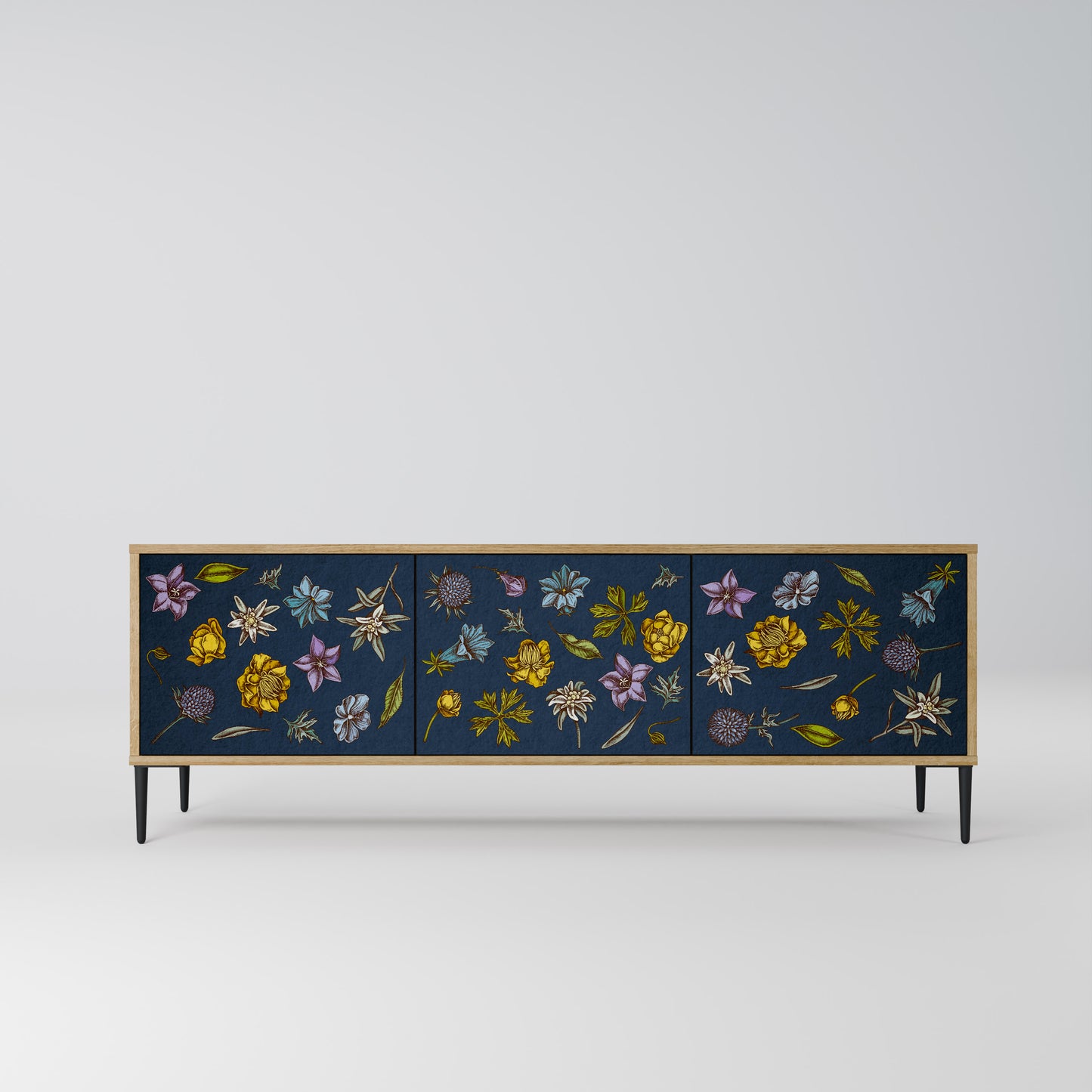 BLOMMOR PÅ MARINBLÅTT TV-BÄNK med 3 dörrar i ekeffekt