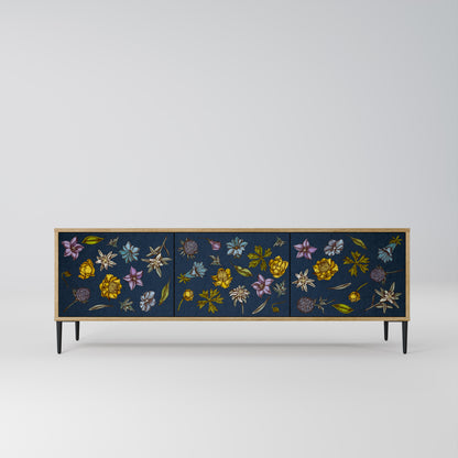 BLOMMOR PÅ MARINBLÅTT TV-BÄNK med 3 dörrar i ekeffekt