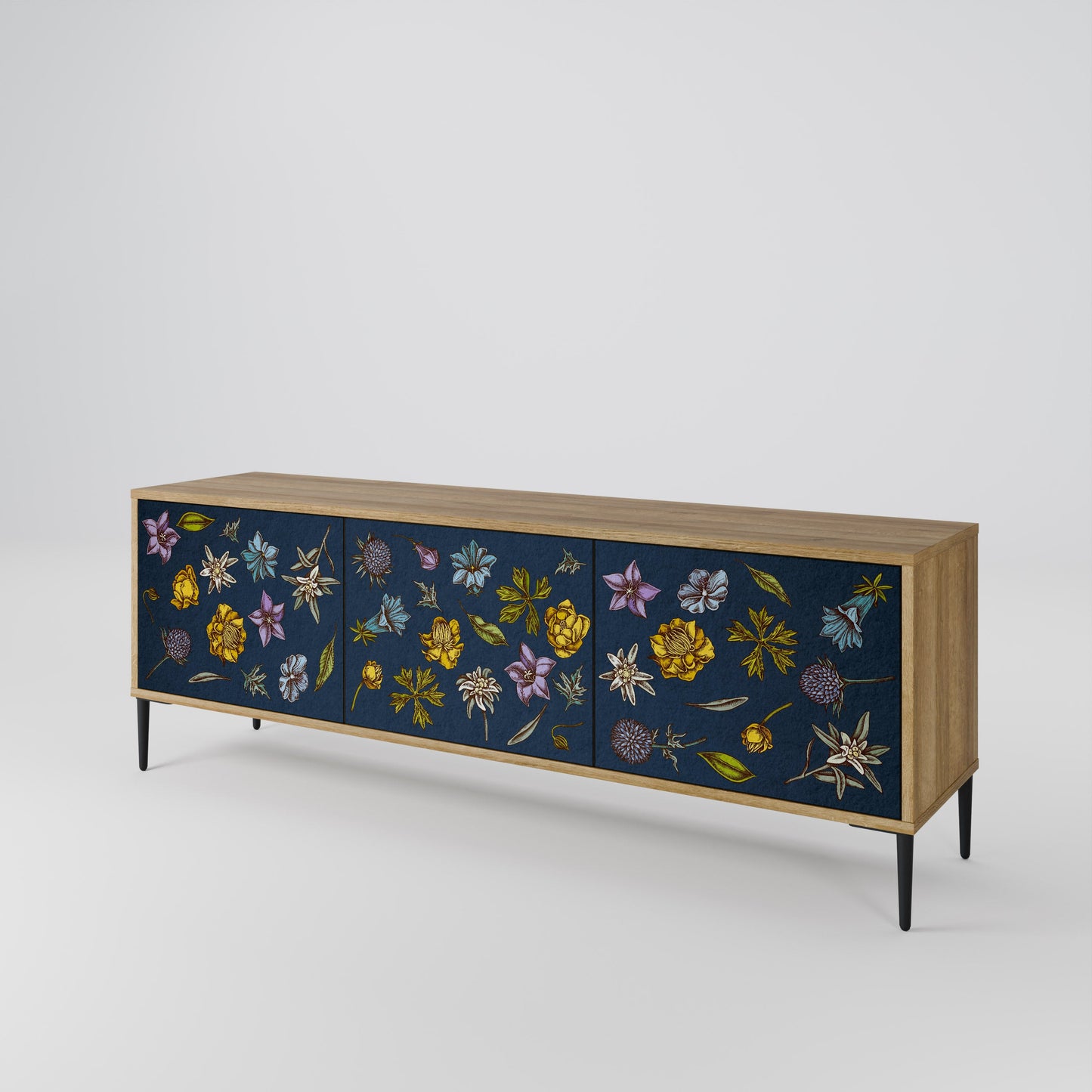 BLOMMOR PÅ MARINBLÅTT TV-BÄNK med 3 dörrar i ekeffekt