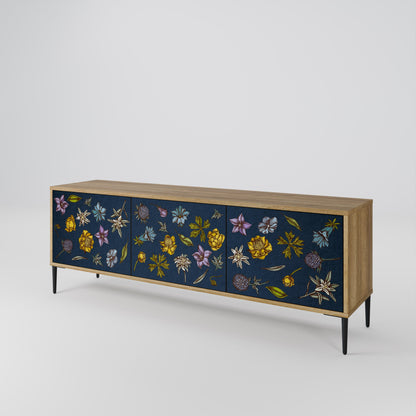 BLOMMOR PÅ MARINBLÅTT TV-BÄNK med 3 dörrar i ekeffekt