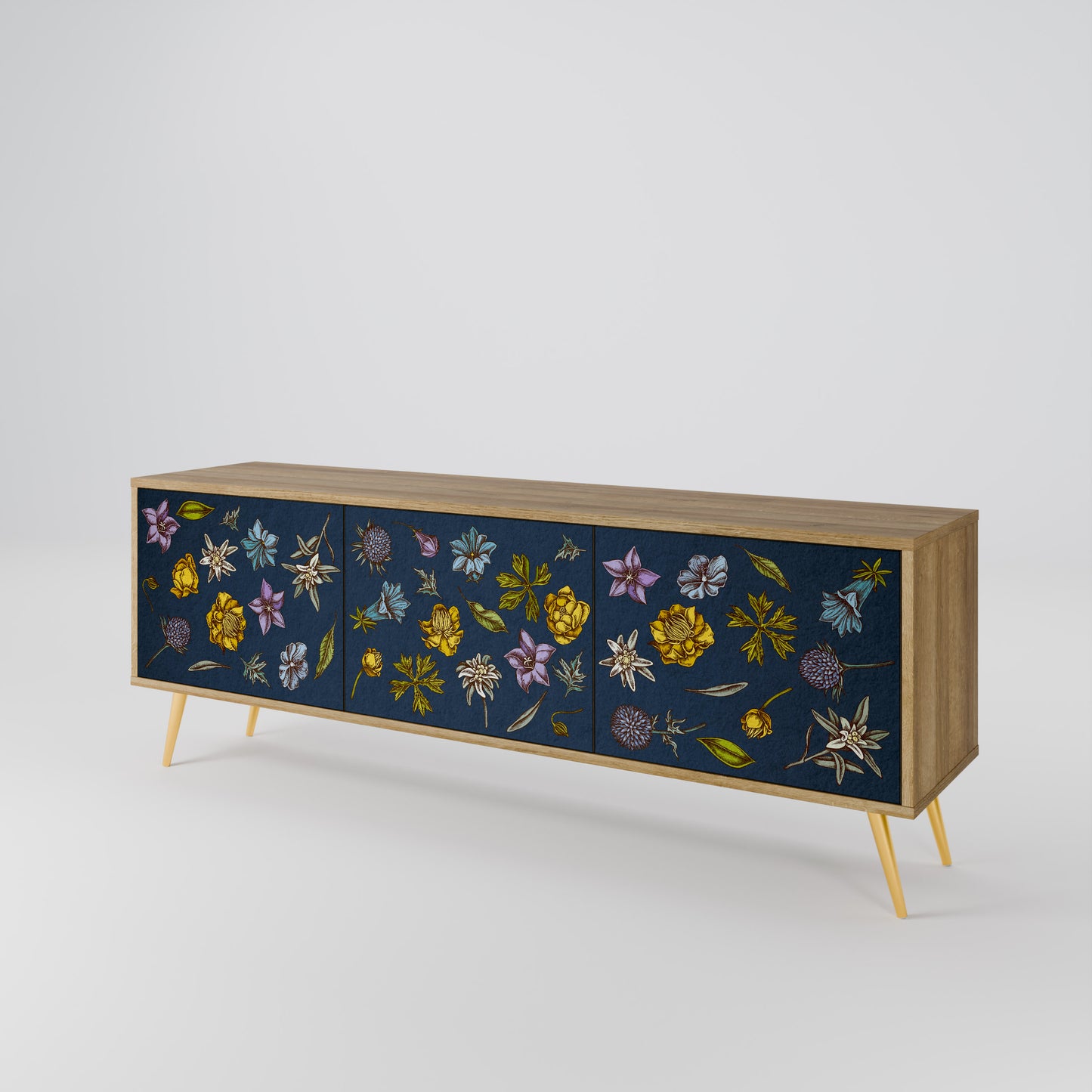 BLOMMOR PÅ MARINBLÅTT TV-BÄNK med 3 dörrar i ekeffekt