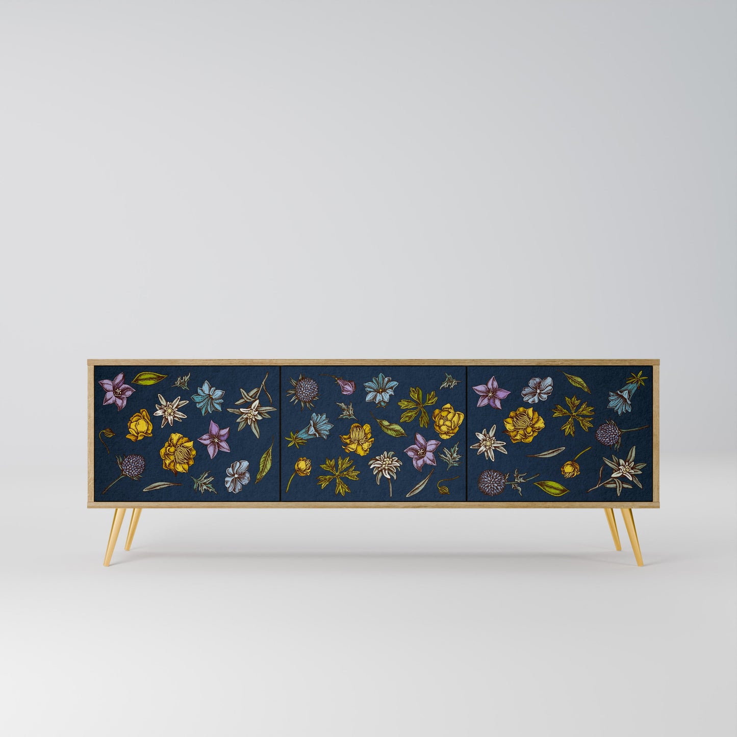 BLOMMOR PÅ MARINBLÅTT TV-BÄNK med 3 dörrar i ekeffekt