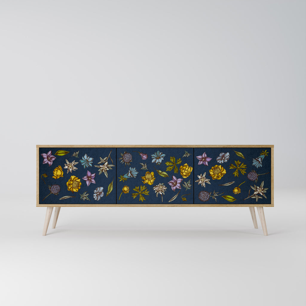 BLOMMOR PÅ MARINBLÅTT TV-BÄNK med 3 dörrar i ekeffekt
