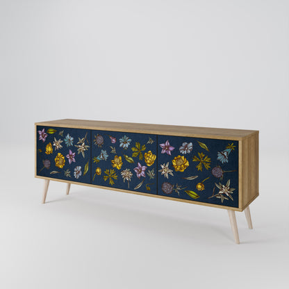 BLOMMOR PÅ MARINBLÅTT TV-BÄNK med 3 dörrar i ekeffekt