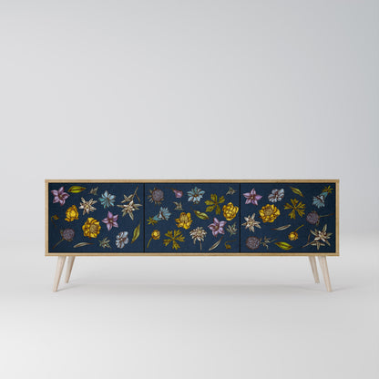BLOMMOR PÅ MARINBLÅTT TV-BÄNK med 3 dörrar i ekeffekt