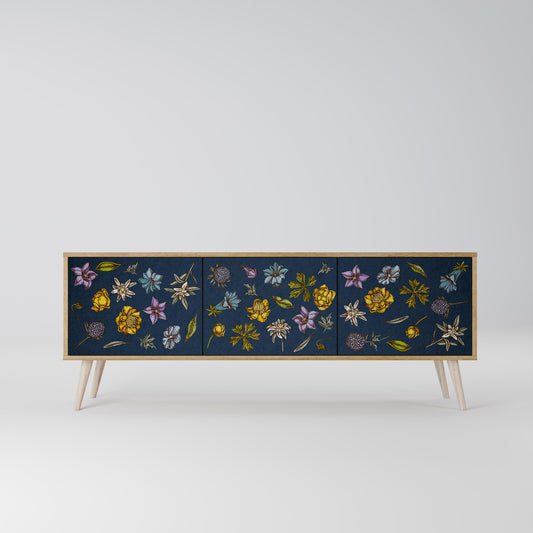 BLOMMOR PÅ MARINBLÅTT TV-BÄNK med 3 dörrar i ekeffekt