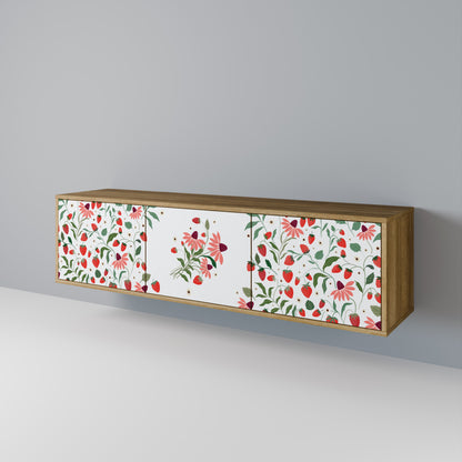 BLOMMOR OCH JORDGUBBAR TV-bänk med 3 dörrar i ekeffekt