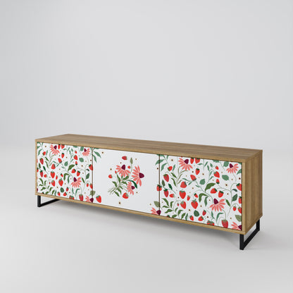 BLOMMOR OCH JORDGUBBAR TV-bänk med 3 dörrar i ekeffekt