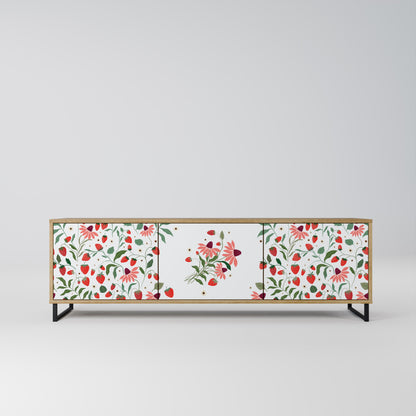 BLOMMOR OCH JORDGUBBAR TV-bänk med 3 dörrar i ekeffekt