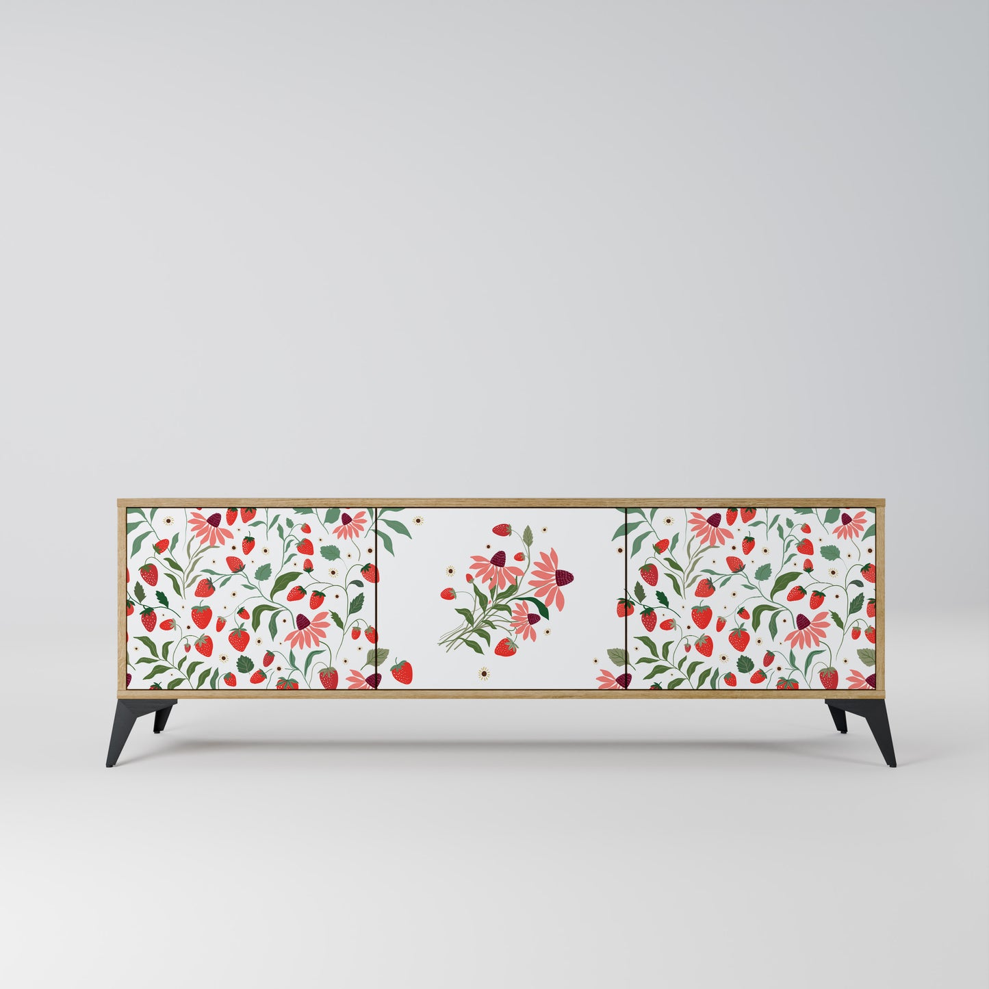 BLOMMOR OCH JORDGUBBAR TV-bänk med 3 dörrar i ekeffekt