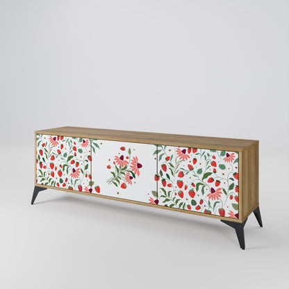 BLOMMOR OCH JORDGUBBAR TV-bänk med 3 dörrar i ekeffekt