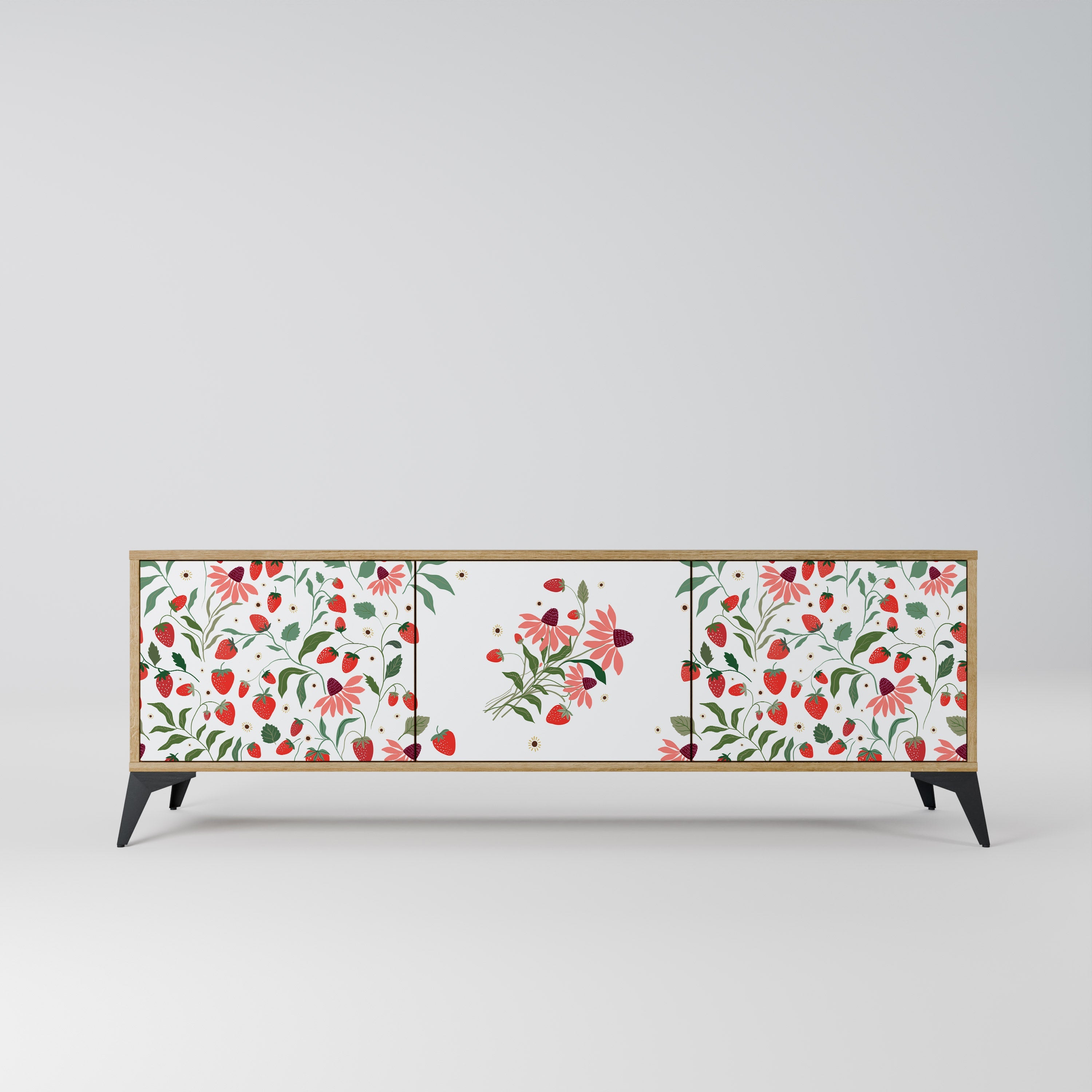 BLOMMOR OCH JORDGUBBAR TV-bänk med 3 dörrar i ekeffekt