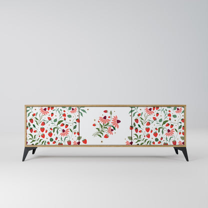 BLOMMOR OCH JORDGUBBAR TV-bänk med 3 dörrar i ekeffekt