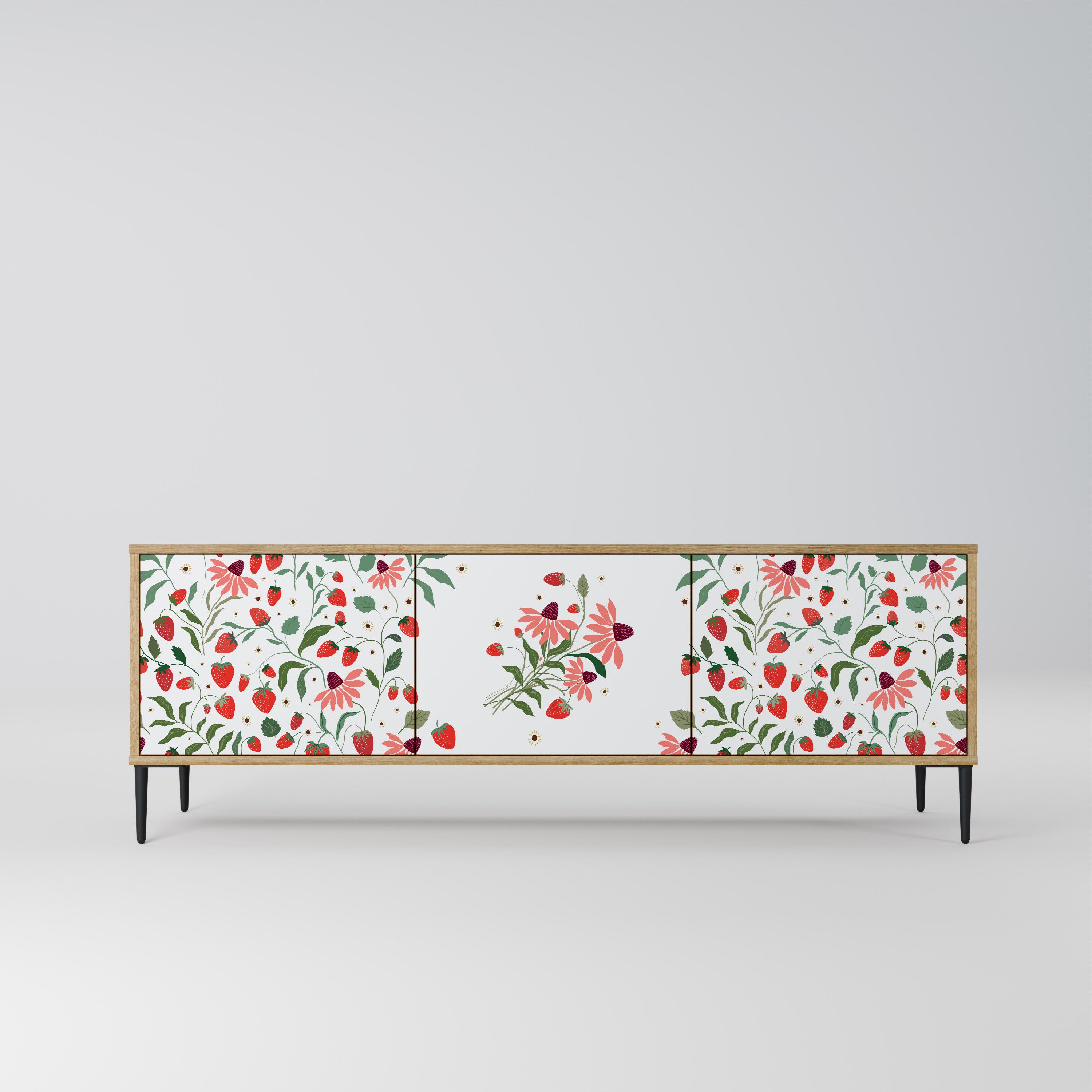 BLOMMOR OCH JORDGUBBAR TV-bänk med 3 dörrar i ekeffekt