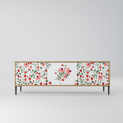 BLOMMOR OCH JORDGUBBAR TV-bänk med 3 dörrar i ekeffekt