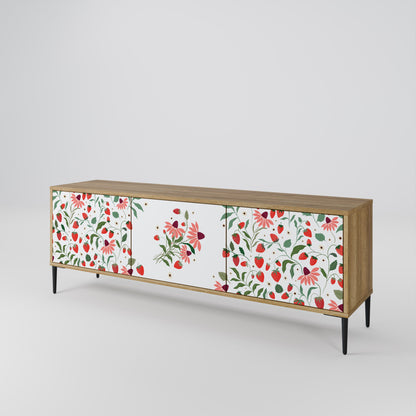 BLOMMOR OCH JORDGUBBAR TV-bänk med 3 dörrar i ekeffekt