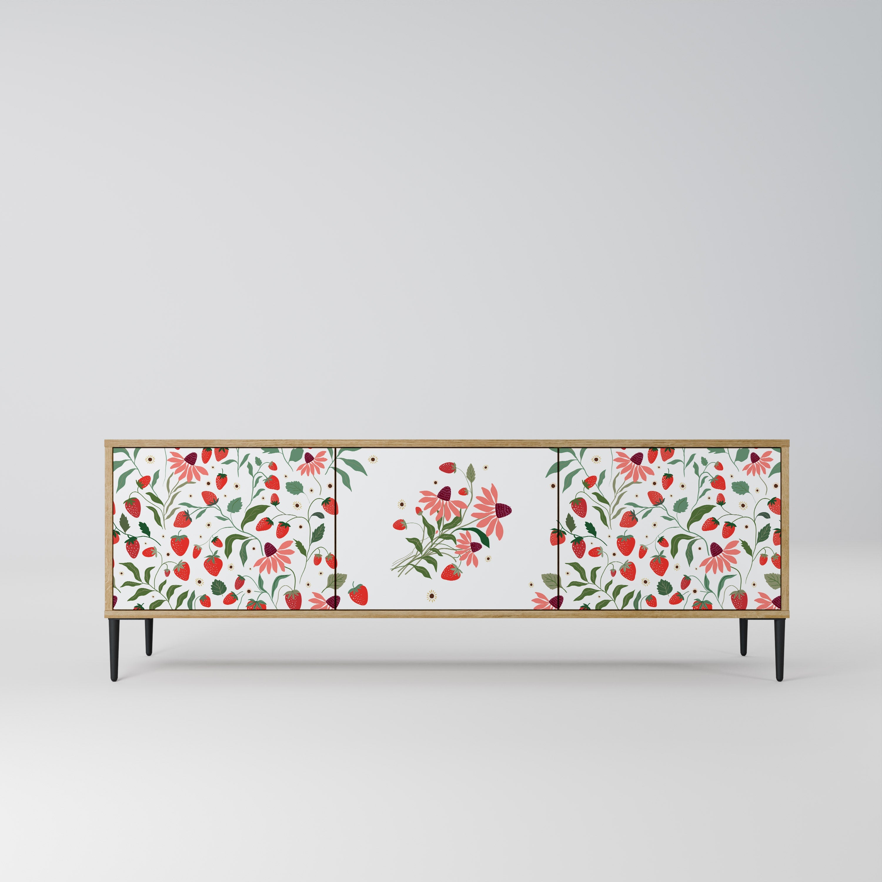 BLOMMOR OCH JORDGUBBAR TV-bänk med 3 dörrar i ekeffekt