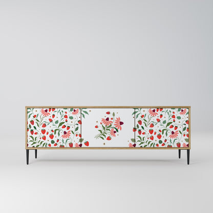 BLOMMOR OCH JORDGUBBAR TV-bänk med 3 dörrar i ekeffekt