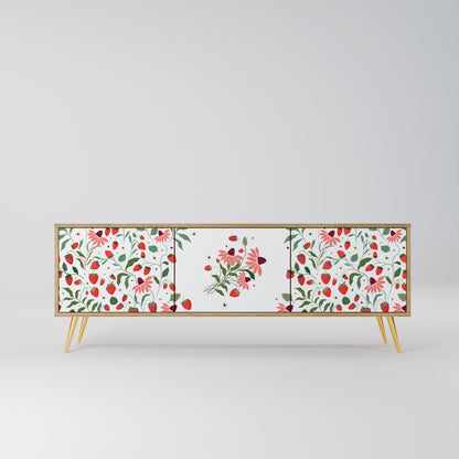 BLOMMOR OCH JORDGUBBAR TV-bänk med 3 dörrar i ekeffekt