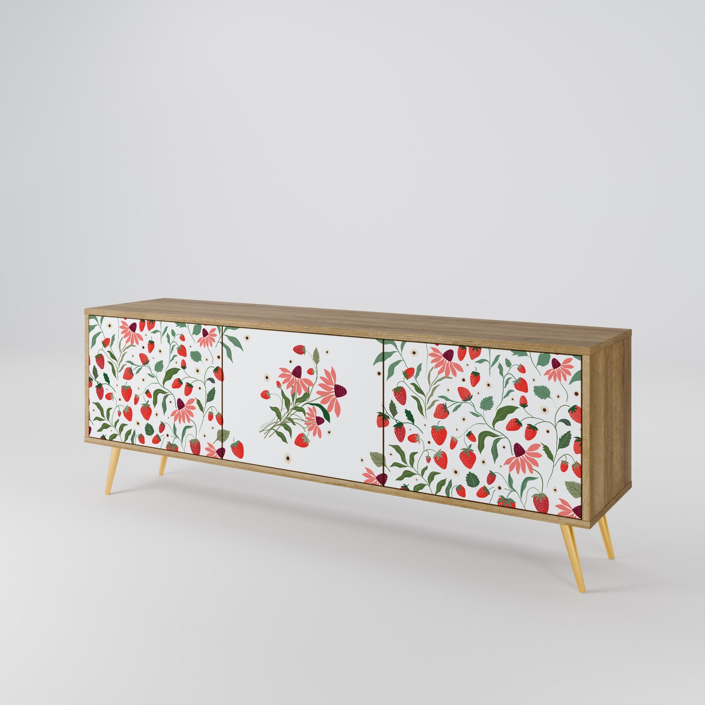 BLOMMOR OCH JORDGUBBAR TV-bänk med 3 dörrar i ekeffekt