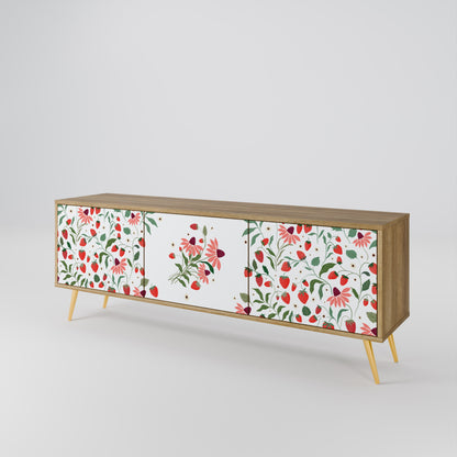 BLOMMOR OCH JORDGUBBAR TV-bänk med 3 dörrar i ekeffekt