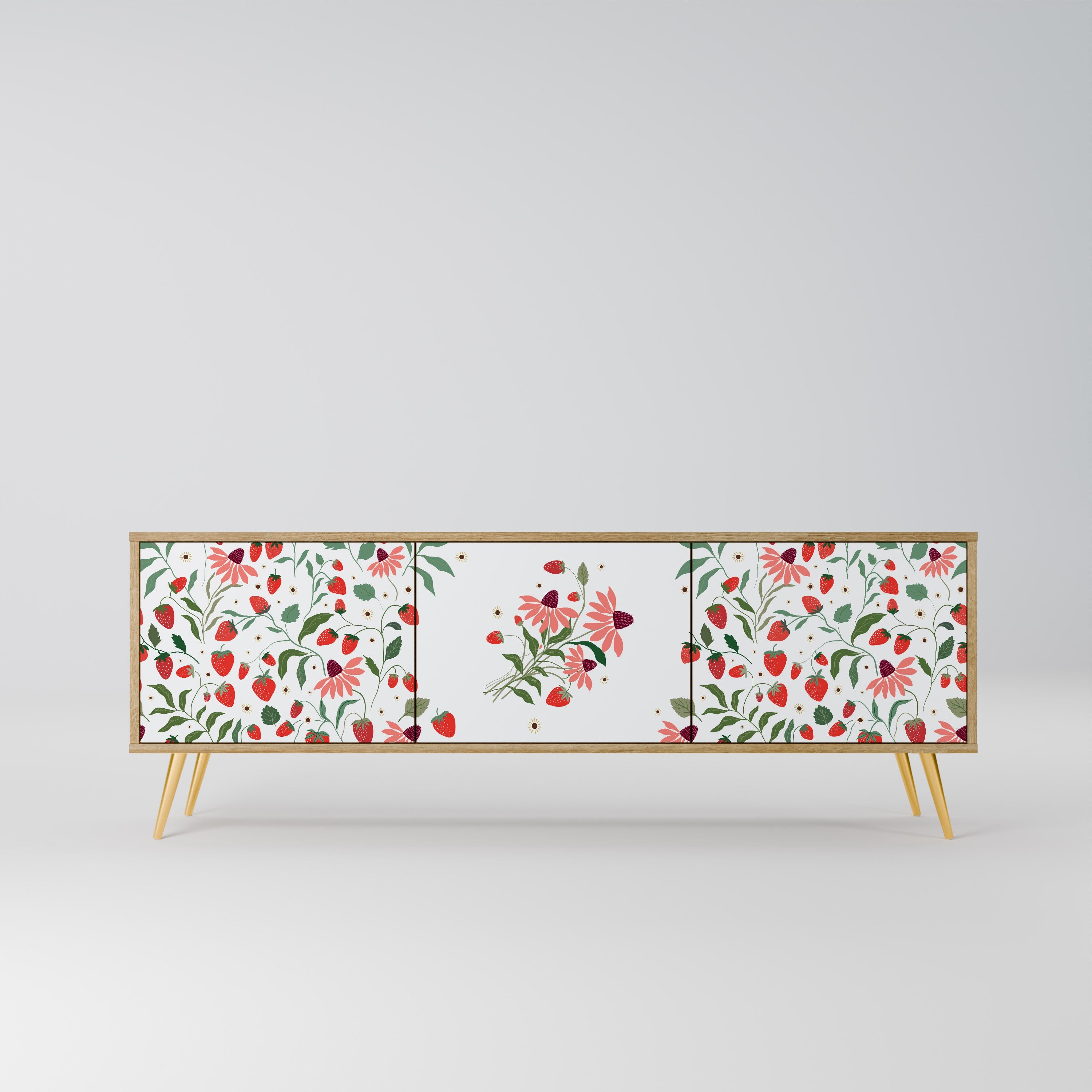 BLOMMOR OCH JORDGUBBAR TV-bänk med 3 dörrar i ekeffekt