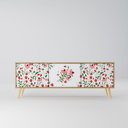 BLOMMOR OCH JORDGUBBAR TV-bänk med 3 dörrar i ekeffekt