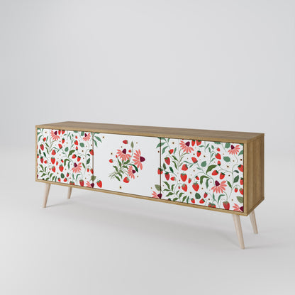 BLOMMOR OCH JORDGUBBAR TV-bänk med 3 dörrar i ekeffekt