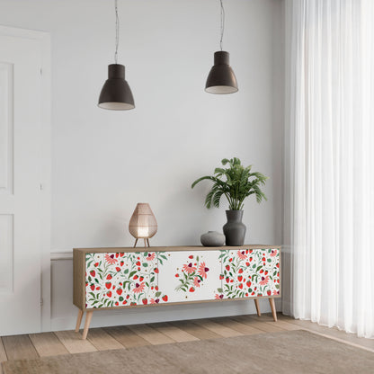 BLOMMOR OCH JORDGUBBAR TV-bänk med 3 dörrar i ekeffekt