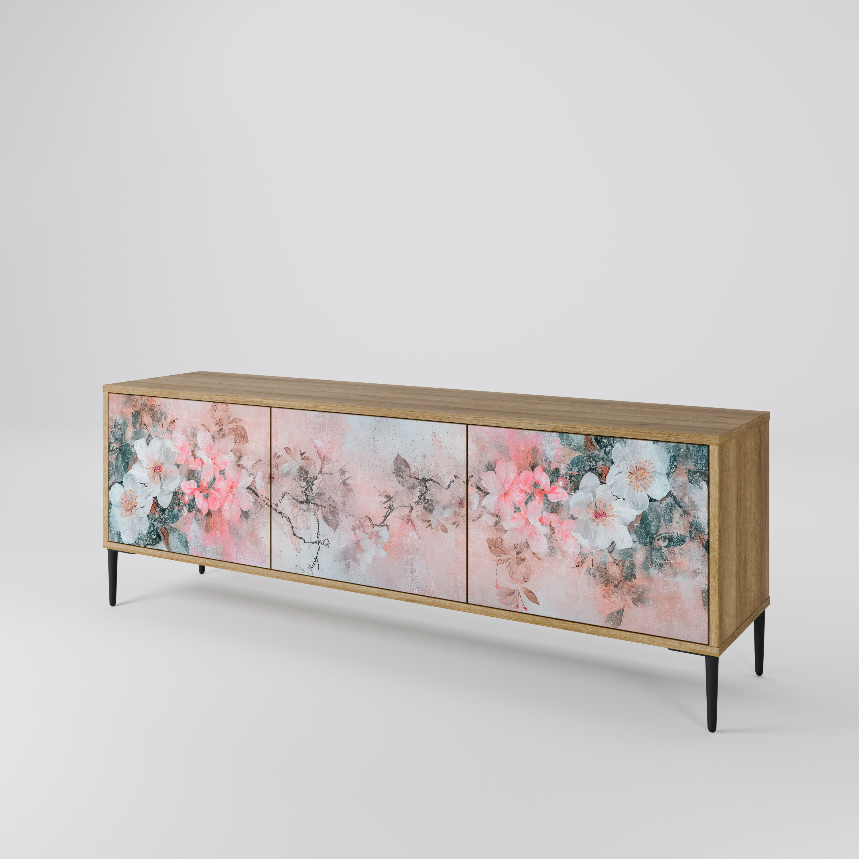 CHERRY BLOSSOM TV-bänk med 3 dörrar i ekeffekt