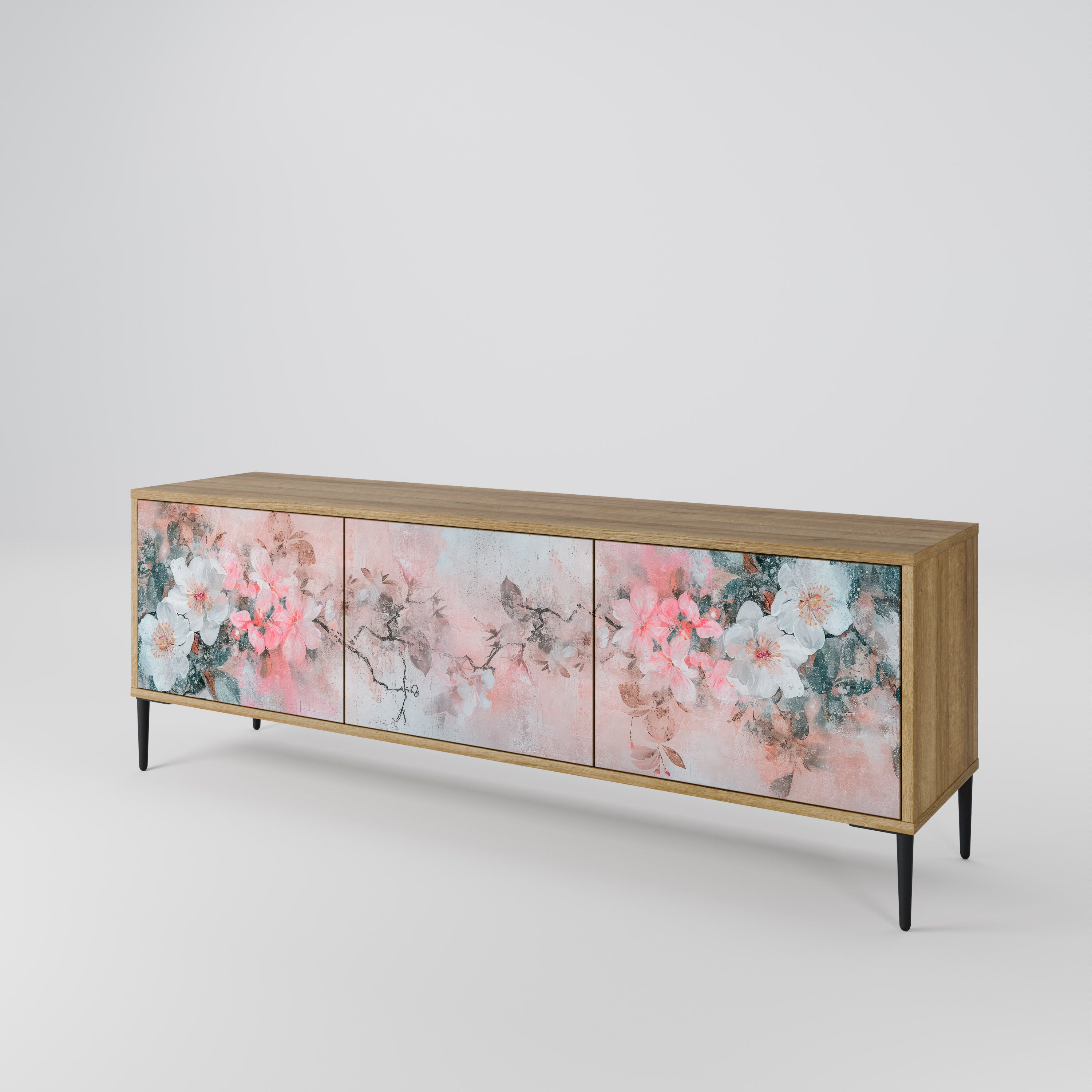 CHERRY BLOSSOM TV-bänk med 3 dörrar i ekeffekt