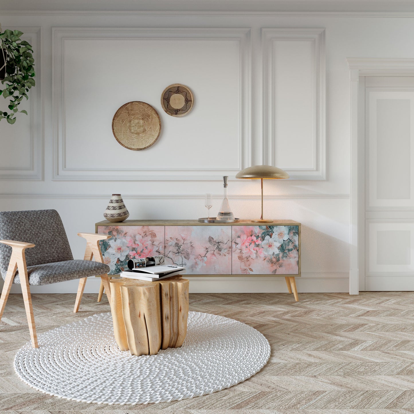 CHERRY BLOSSOM TV-bänk med 3 dörrar i ekeffekt