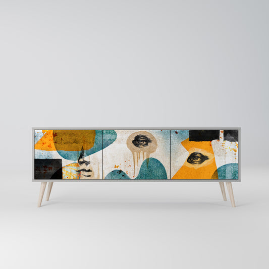 ABSTRACT FACES 3-Door TV Stand in Grey Finish